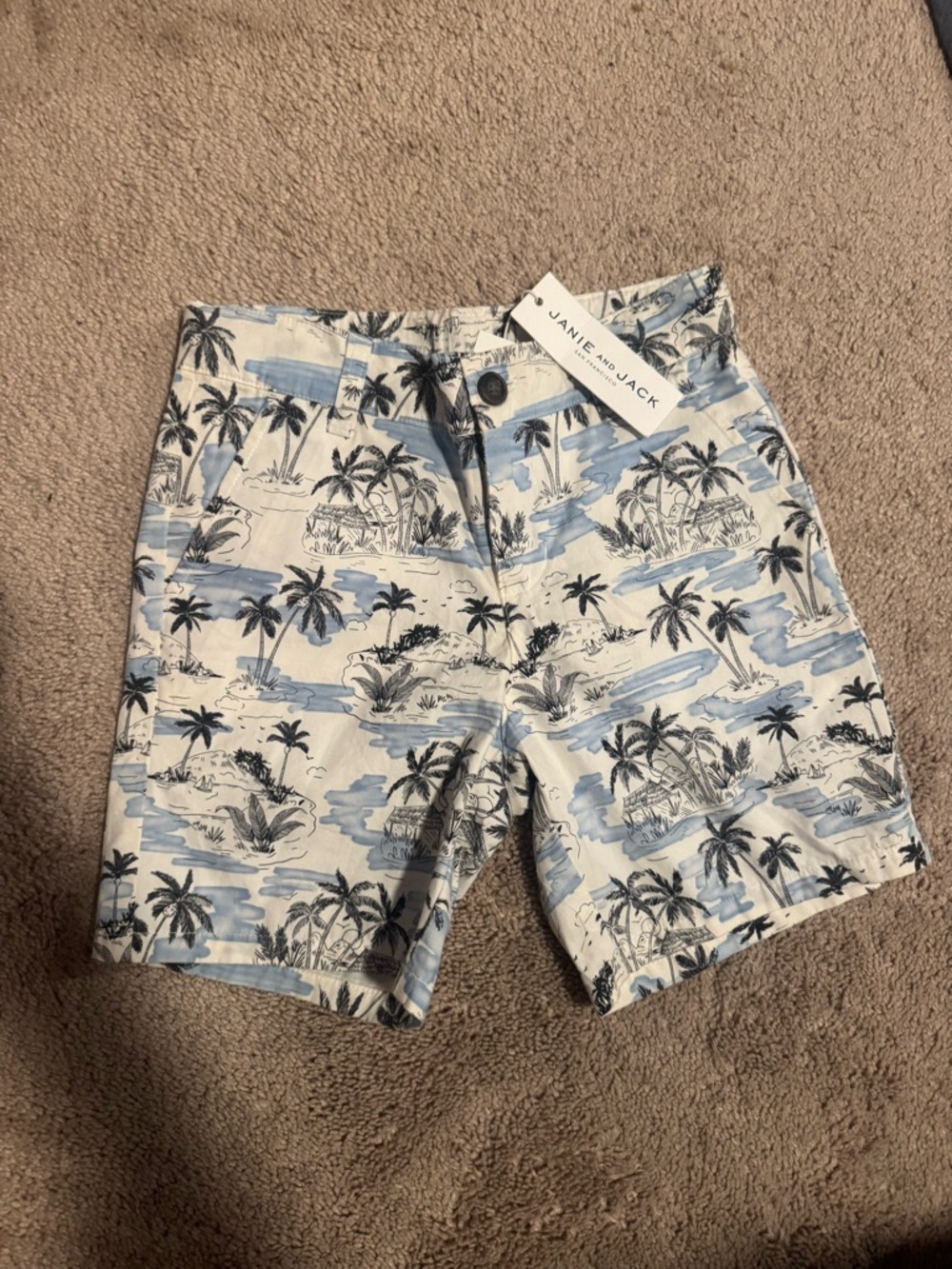 Janie and Jack Boys' Blue and White Palm-Print Flat Front Shorts